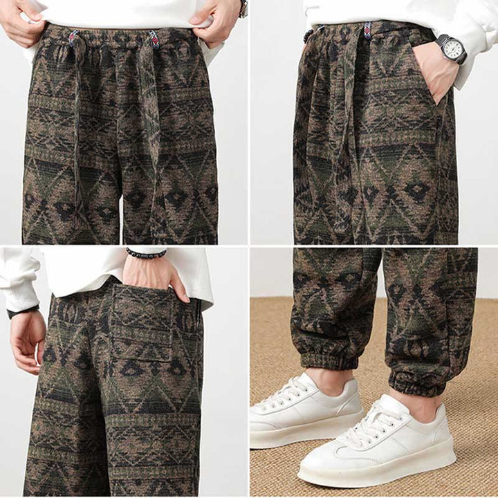 Buddha Stones Jacquard Knitting Casual Cotton Men's Pants With Pockets