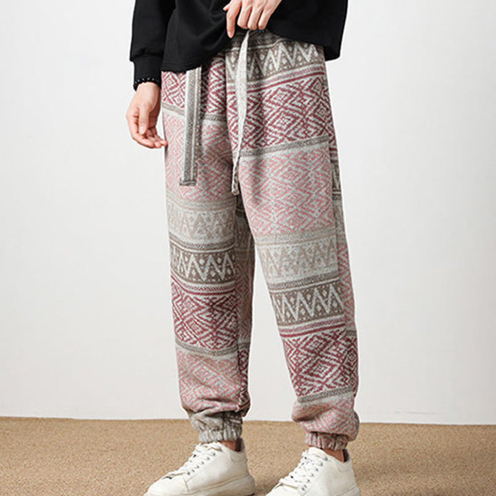 Buddha Stones Jacquard Knitting Casual Cotton Men's Pants With Pockets