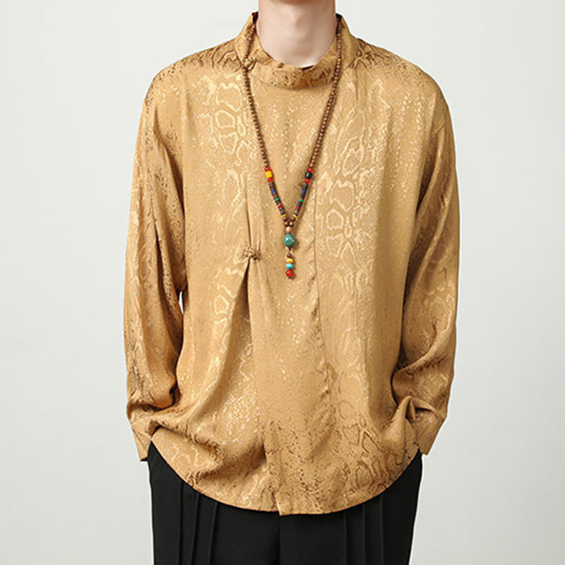 Buddha Stones Splicing Frog-button Jacquard Men's Shirts