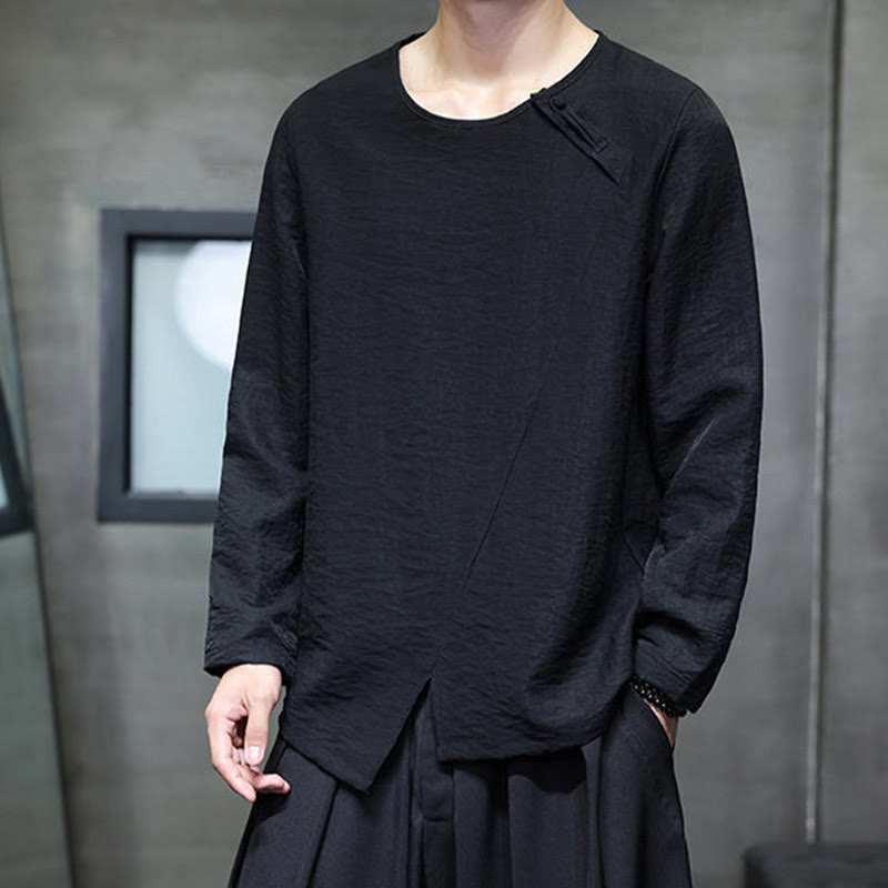 Buddha Stones Solid Color Loose Long Sleeve Round Neck Cotton Men's Shirts - image 30