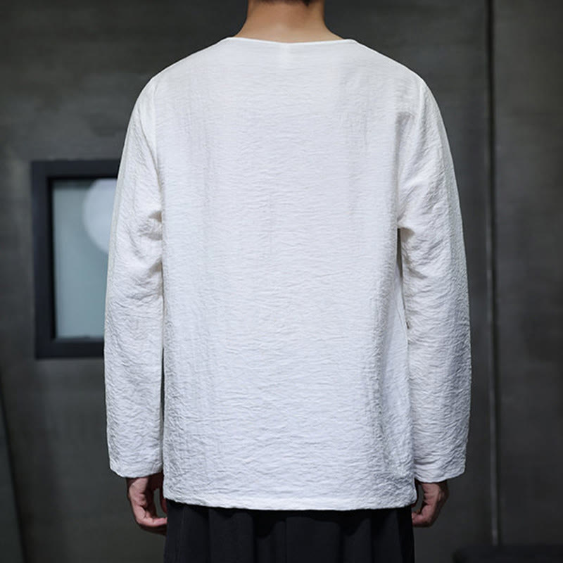 Buddha Stones Solid Color Loose Long Sleeve Round Neck Cotton Men's Shirts - image 3
