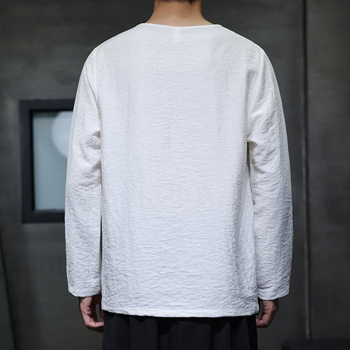 Buddha Stones Solid Color Loose Long Sleeve Round Neck Cotton Men's Shirts - image 3