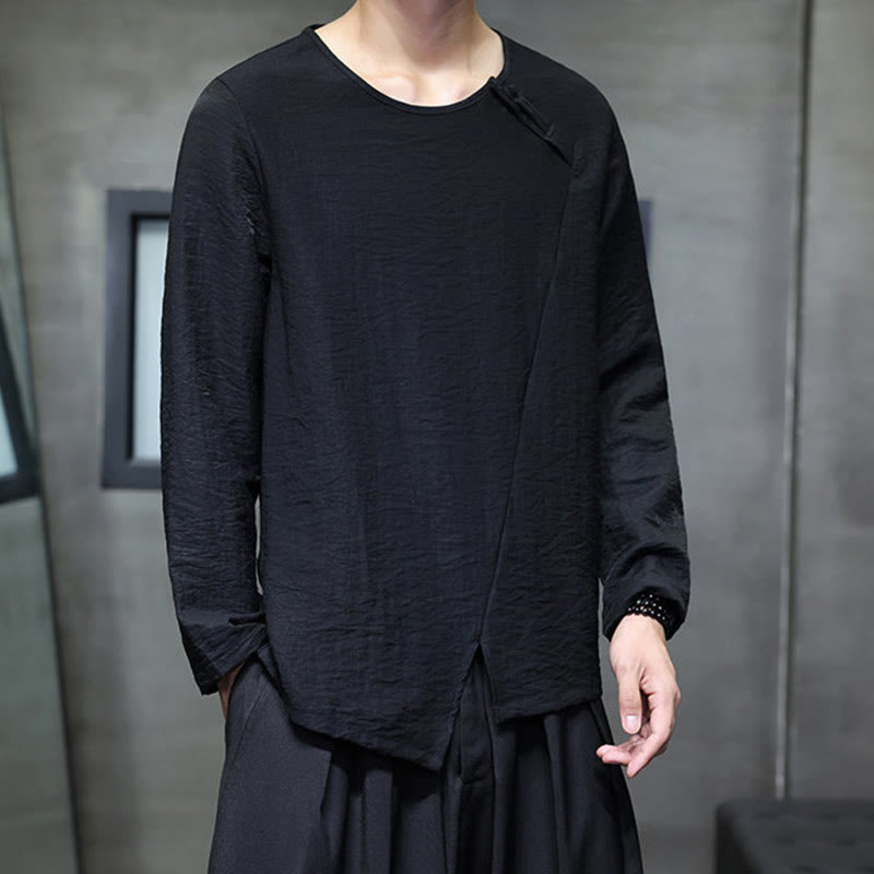 Buddha Stones Solid Color Loose Long Sleeve Round Neck Cotton Men's Shirts - image 26
