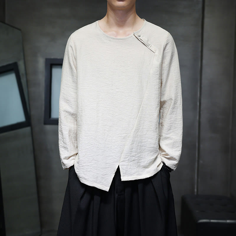 Buddha Stones Solid Color Loose Long Sleeve Round Neck Cotton Men's Shirts - LemonChiffon - US/UK/AU46，EU56 (5XL) - image 15