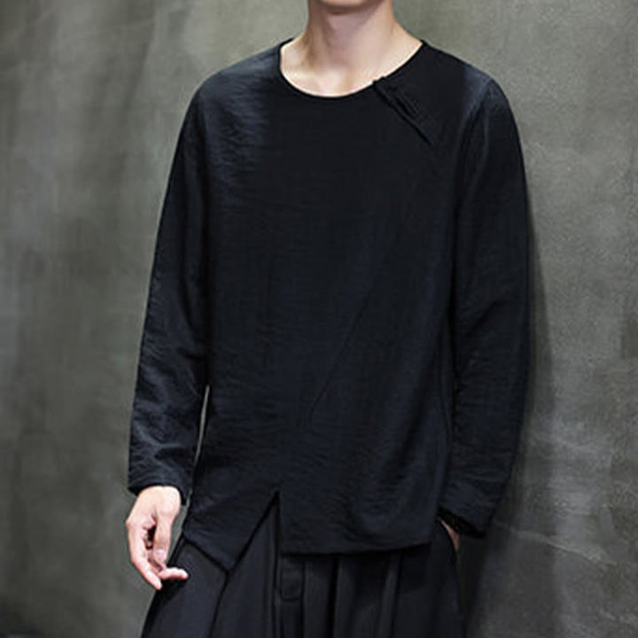 Buddha Stones Solid Color Loose Long Sleeve Round Neck Men's Shirts - image 30