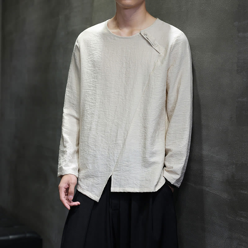 Buddha Stones Solid Color Loose Long Sleeve Round Neck Cotton Men's Shirts - image 23