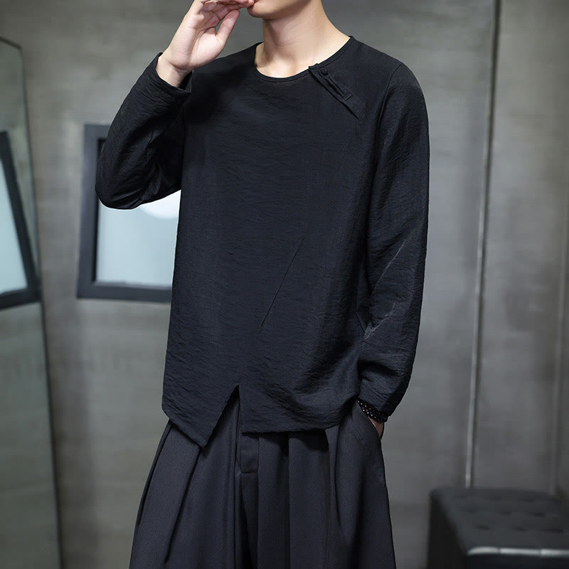 Buddha Stones Solid Color Loose Long Sleeve Round Neck Cotton Men's Shirts - image 29