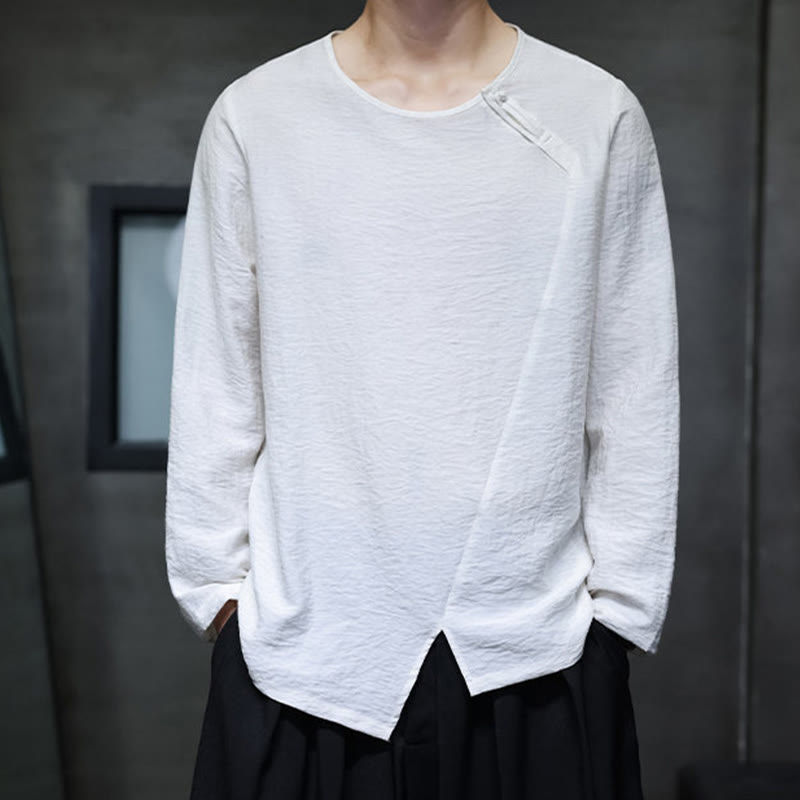 Buddha Stones Solid Color Loose Long Sleeve Round Neck Cotton Men's Shirts - image 5