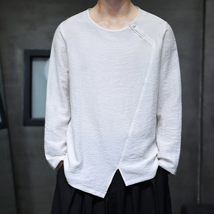Buddha Stones Solid Color Loose Long Sleeve Round Neck Cotton Men's Shirts - image 5