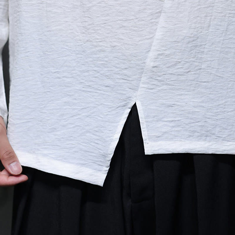 Buddha Stones Solid Color Loose Long Sleeve Round Neck Cotton Men's Shirts - image 15