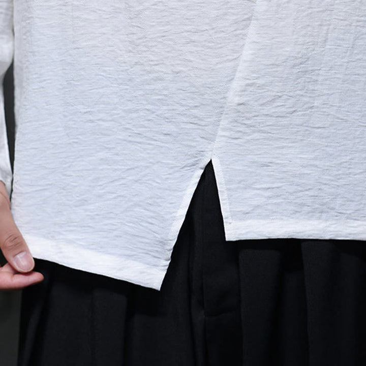 Buddha Stones Solid Color Loose Long Sleeve Round Neck Cotton Men's Shirts - image 15