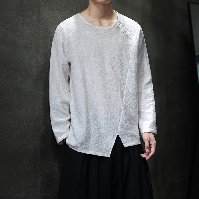Buddha Stones Solid Color Loose Long Sleeve Round Neck Cotton Men's Shirts - image 8