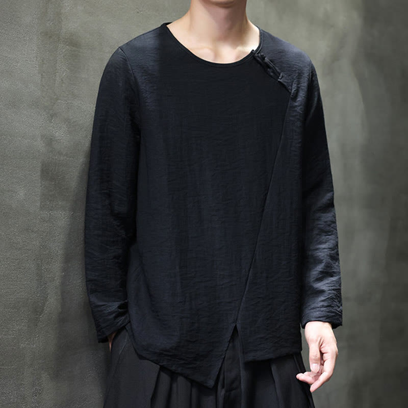 Buddha Stones Solid Color Loose Long Sleeve Round Neck Cotton Men's Shirts - image 32