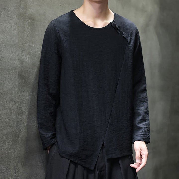 Buddha Stones Solid Color Loose Long Sleeve Round Neck Cotton Men's Shirts - image 32