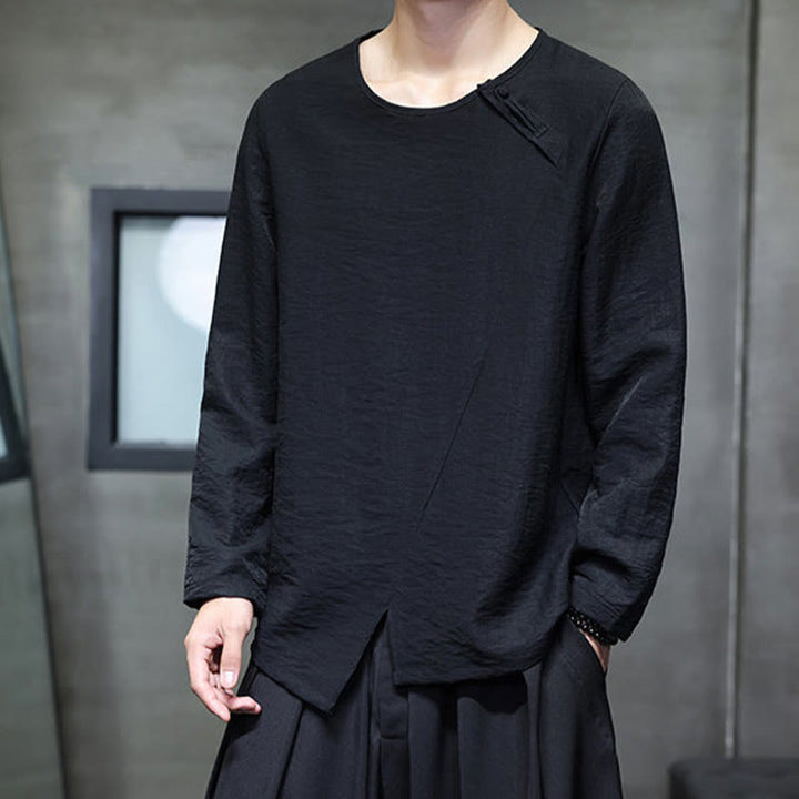 Buddha Stones Solid Color Loose Long Sleeve Round Neck Cotton Men's Shirts - image 29