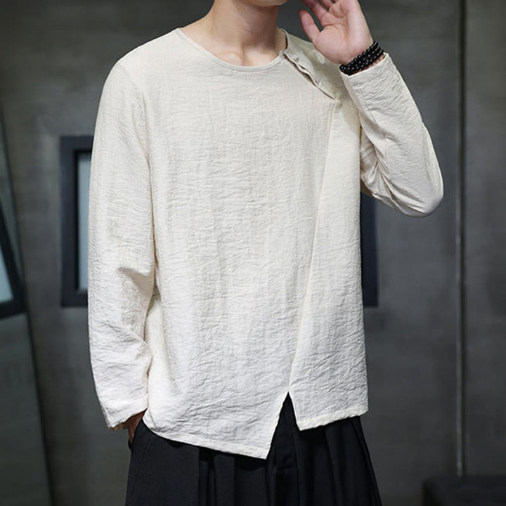 Buddha Stones Solid Color Loose Long Sleeve Round Neck Cotton Men's Shirts - image 24
