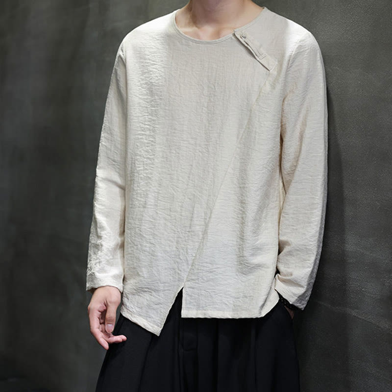 Buddha Stones Solid Color Loose Long Sleeve Round Neck Cotton Men's Shirts - image 17