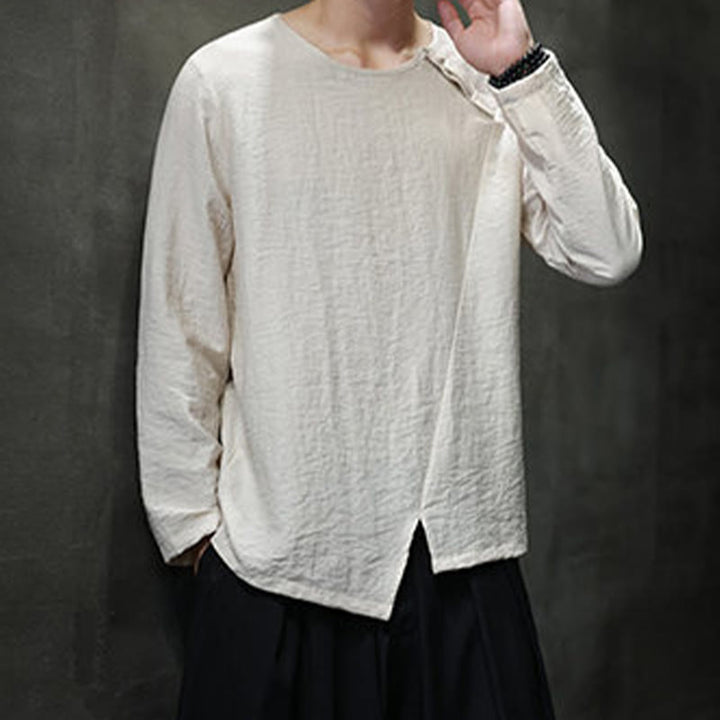 Buddha Stones Solid Color Loose Long Sleeve Round Neck Cotton Men's Shirts - image 19