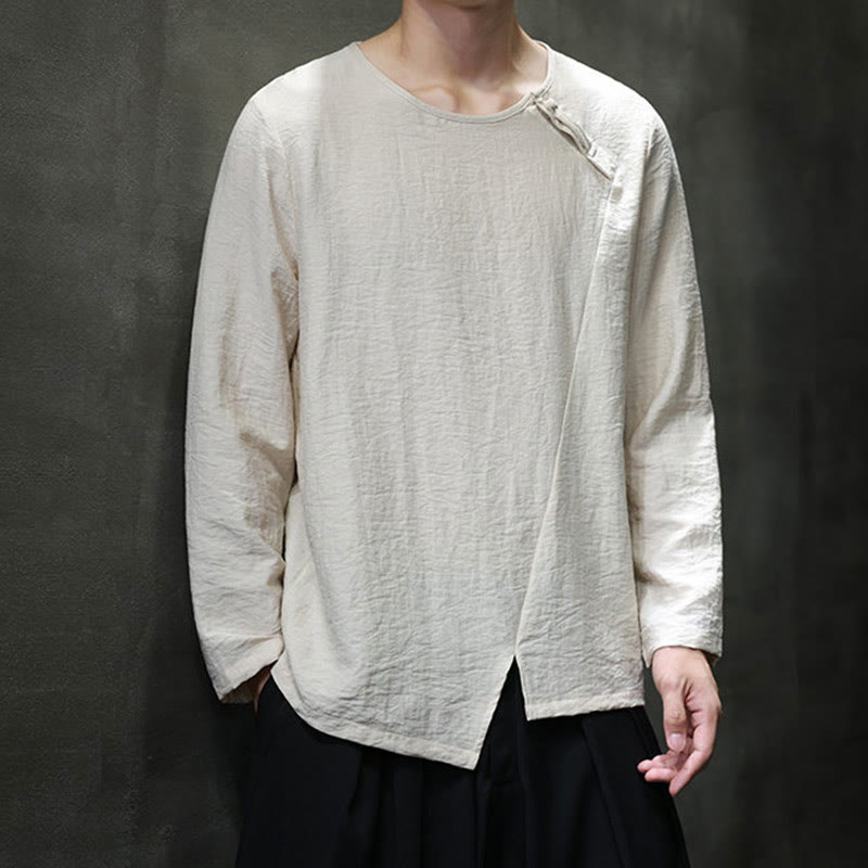Buddha Stones Solid Color Loose Long Sleeve Round Neck Cotton Men's Shirts - image 22