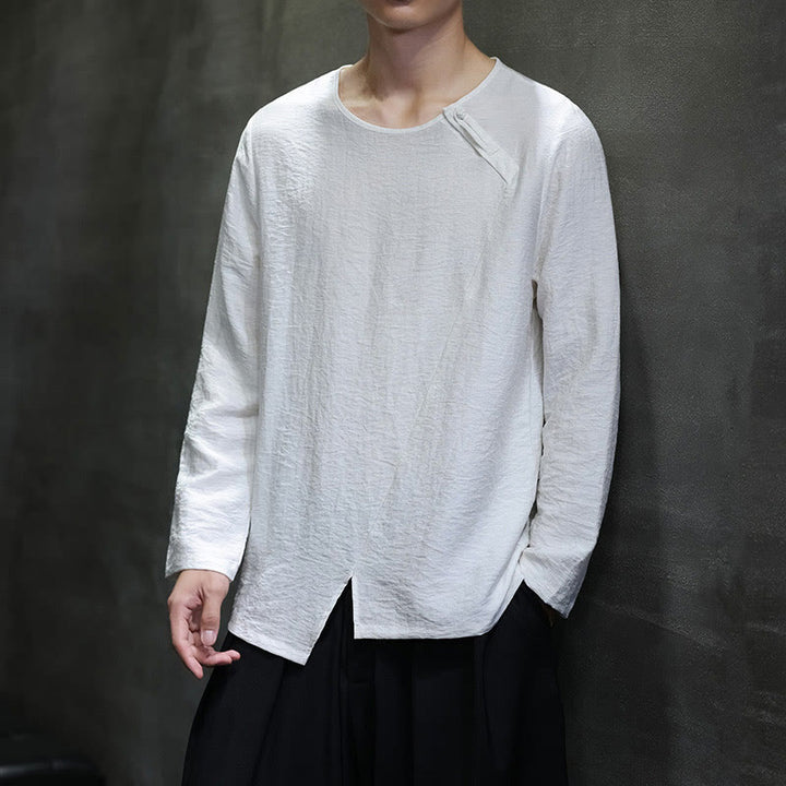 Buddha Stones Solid Color Loose Long Sleeve Round Neck Cotton Men's Shirts - image 3