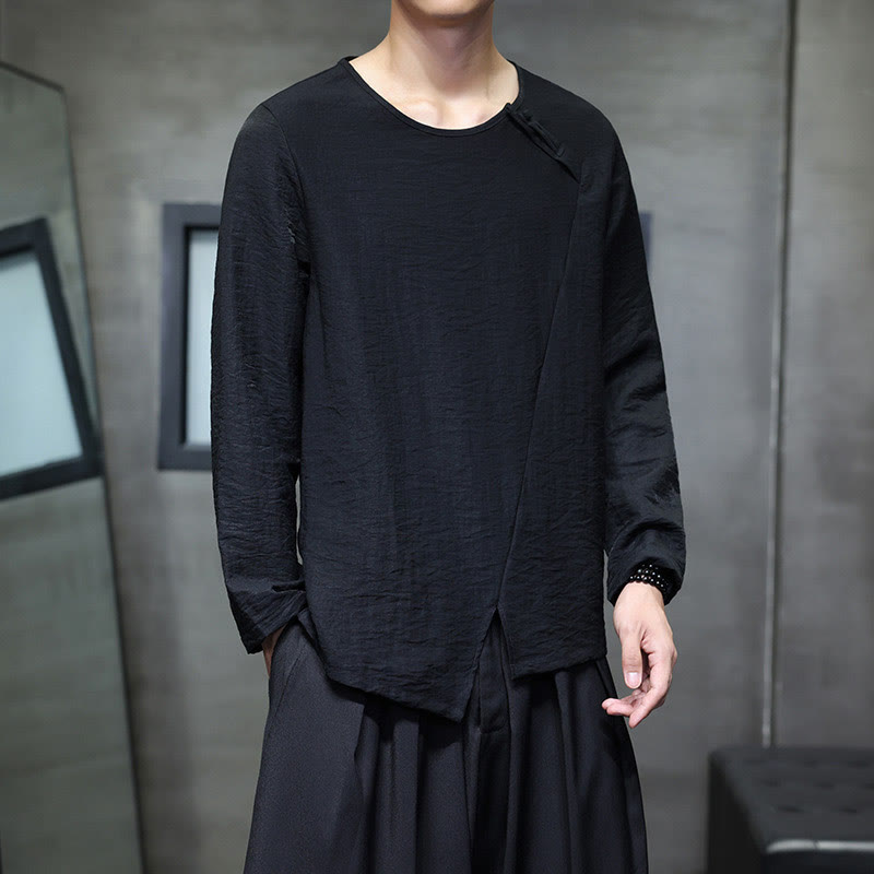 Buddha Stones Solid Color Loose Long Sleeve Round Neck Cotton Men's Shirts - image 28