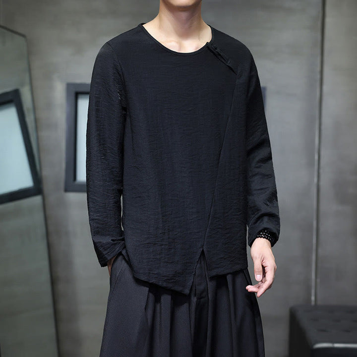 Buddha Stones Solid Color Loose Long Sleeve Round Neck Cotton Men's Shirts - image 28