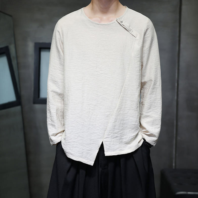 Buddha Stones Solid Color Loose Long Sleeve Round Neck Cotton Men's Shirts - image 20