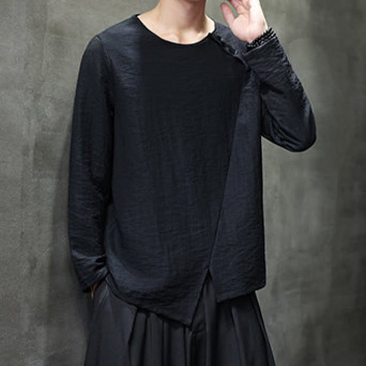 Buddha Stones Solid Color Loose Long Sleeve Round Neck Cotton Men's Shirts - image 33