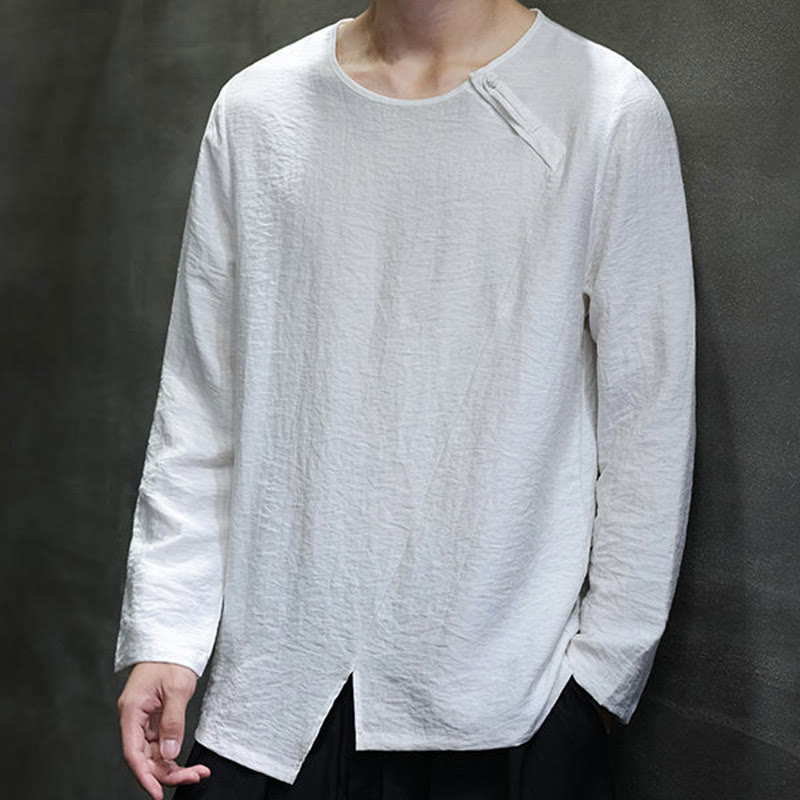 Buddha Stones Solid Color Loose Long Sleeve Round Neck Cotton Men's Shirts - White - US/UK/AU46，EU56 (5XL) - image 1