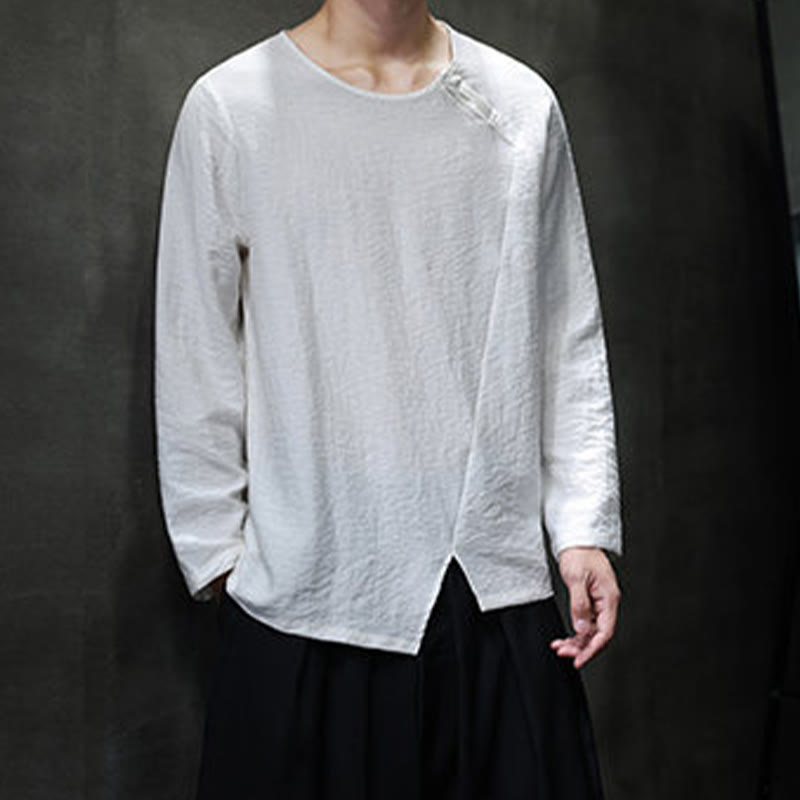Buddha Stones Solid Color Loose Long Sleeve Round Neck Cotton Men's Shirts - image 9
