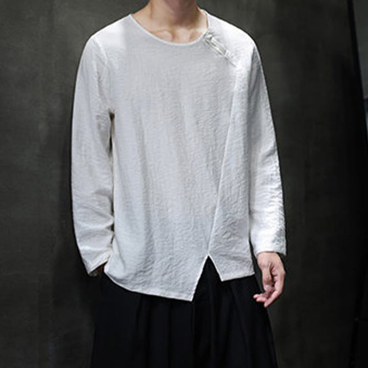 Buddha Stones Solid Color Loose Long Sleeve Round Neck Cotton Men's Shirts - image 9