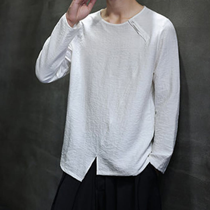 Buddha Stones Solid Color Loose Long Sleeve Round Neck Cotton Men's Shirts - image 11