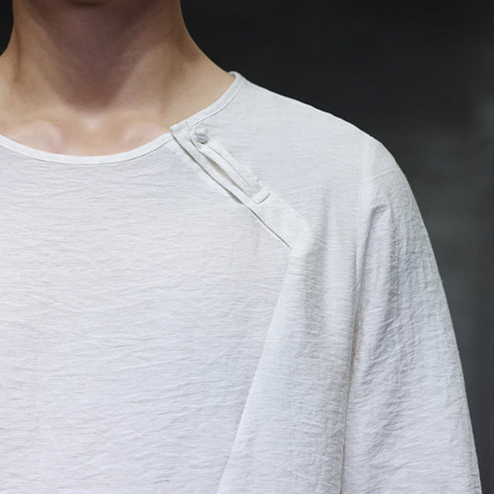 Buddha Stones Solid Color Loose Long Sleeve Round Neck Cotton Men's Shirts - image 13
