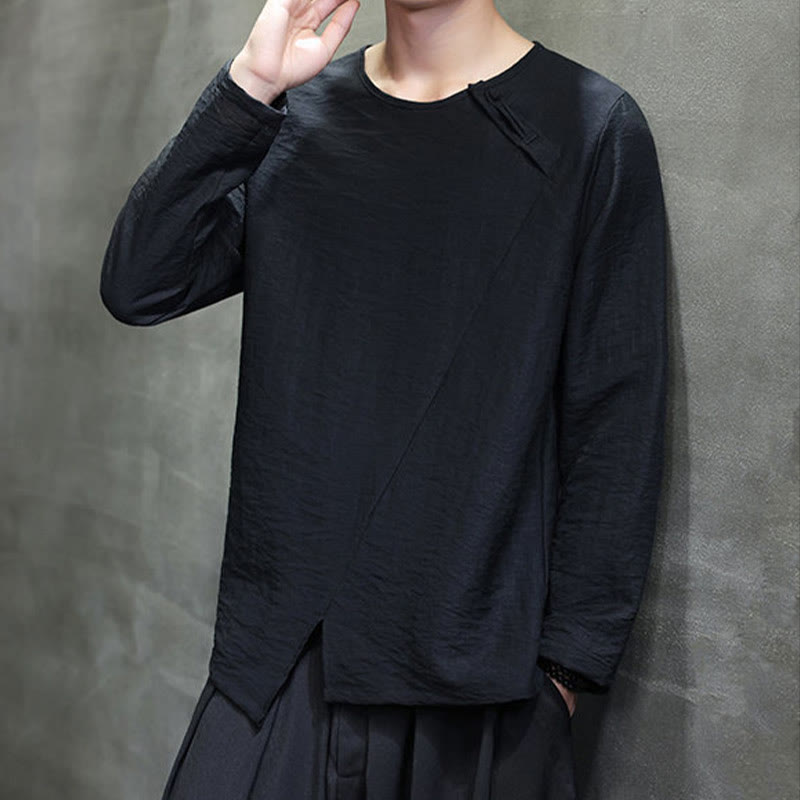 Buddha Stones Solid Color Loose Long Sleeve Round Neck Cotton Men's Shirts - image 34