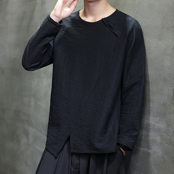 Buddha Stones Solid Color Loose Long Sleeve Round Neck Cotton Men's Shirts - image 34