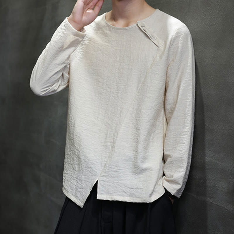 Buddha Stones Solid Color Loose Long Sleeve Round Neck Cotton Men's Shirts - image 20