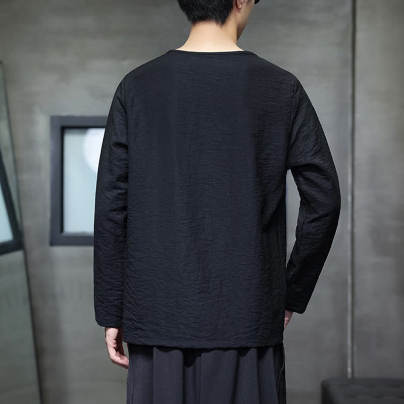 Buddha Stones Solid Color Loose Long Sleeve Round Neck Cotton Men's Shirts - image 27