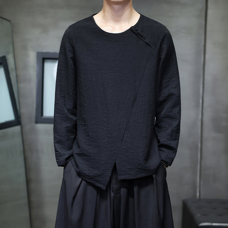 Buddha Stones Solid Color Loose Long Sleeve Round Neck Cotton Men's Shirts - Black - US/UK/AU44，EU54 (5XL) - image 24