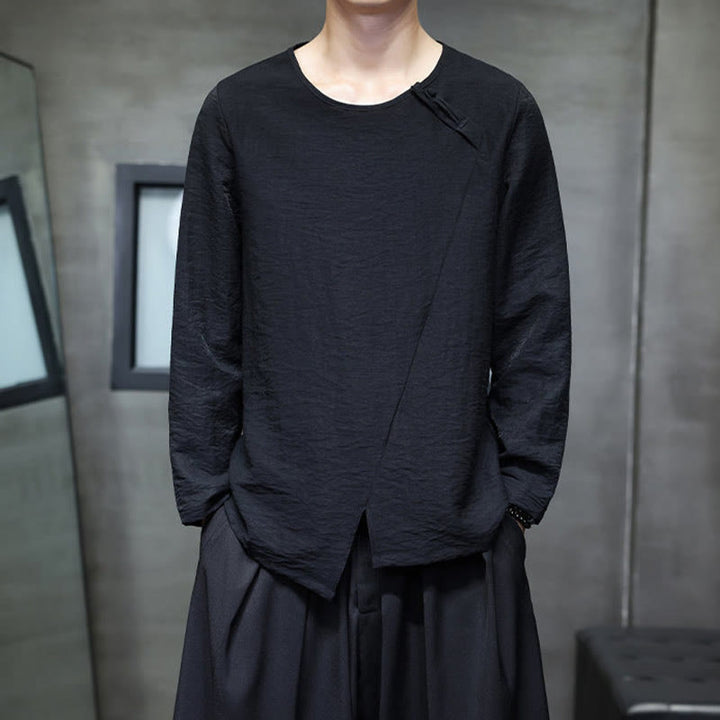 Buddha Stones Solid Color Loose Long Sleeve Round Neck Cotton Men's Shirts - Black - US/UK/AU44，EU54 (5XL) - image 24