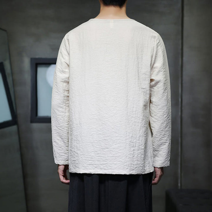 Buddha Stones Solid Color Loose Long Sleeve Round Neck Cotton Men's Shirts - image 17