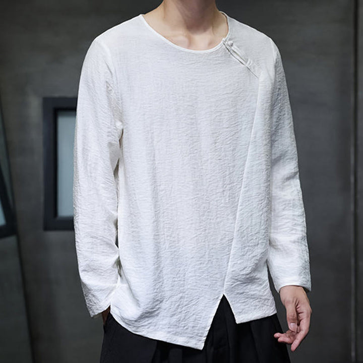 Buddha Stones Solid Color Loose Long Sleeve Round Neck Cotton Men's Shirts - image 6