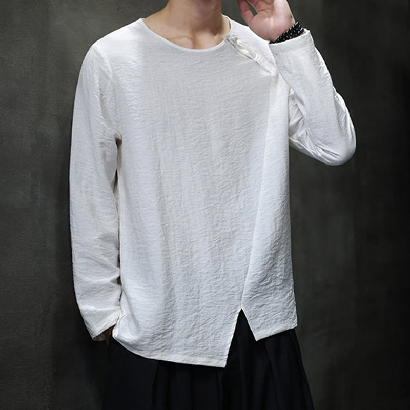 Buddha Stones Solid Color Loose Long Sleeve Round Neck Cotton Men's Shirts - image 10