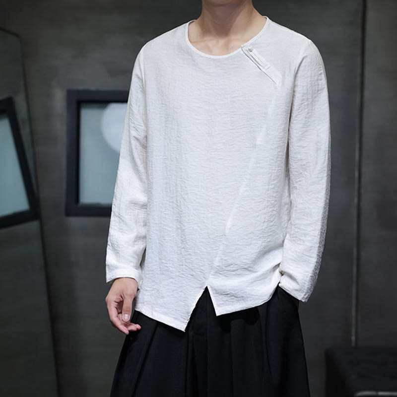 Buddha Stones Solid Color Loose Long Sleeve Round Neck Cotton Men's Shirts - image 2