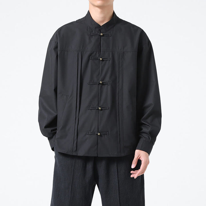 Buddha Stones Stand Collar Button Spandex Men's Shirts - Black - US/UK/AU46，EU56 (5XL) - image 1