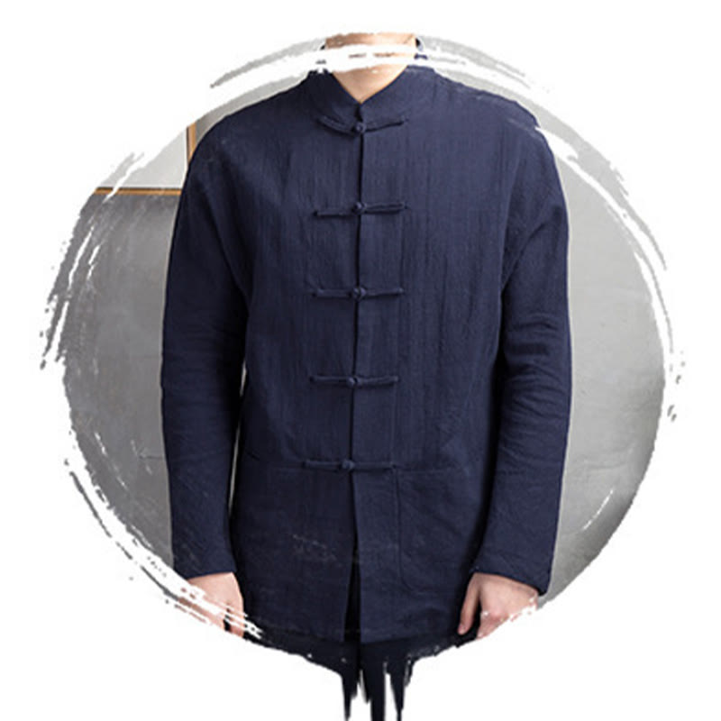 Buddha Stones Solid Color Casual Frog-button Linen Men's Shirt Clothing - image 19