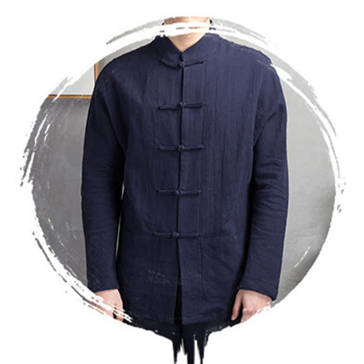 Buddha Stones Solid Color Casual Frog-button Linen Men's Shirt Clothing - image 19