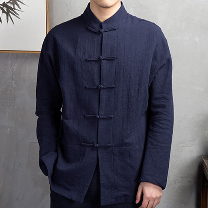 Buddha Stones Solid Color Casual Frog-button Linen Men's Shirt Clothing - MidnightBlue - US/UK/AU46，EU56 (5XL) - image 8
