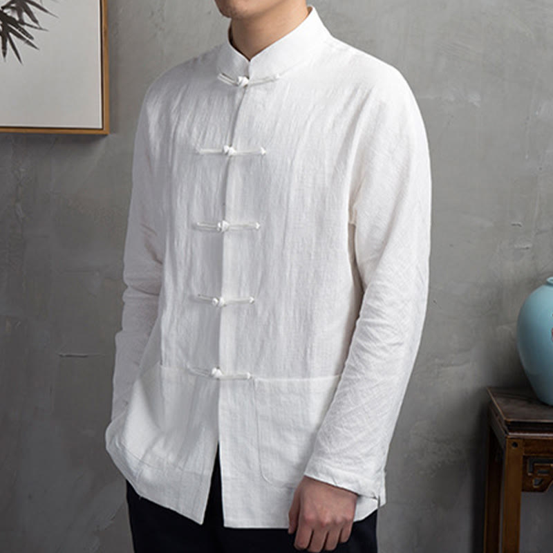 Buddha Stones Solid Color Casual Frog-button Linen Men's Shirt Clothing - image 6