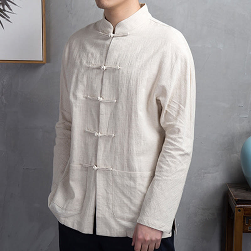 Buddha Stones Solid Color Casual Frog-button Linen Men's Shirt Clothing - image 3