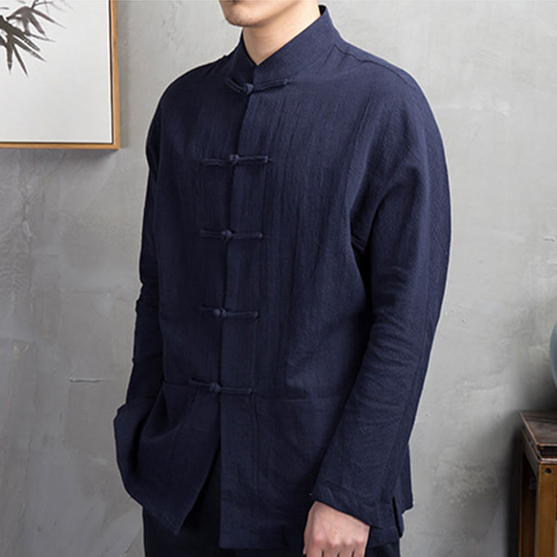 Buddha Stones Solid Color Casual Frog-button Linen Men's Shirt Clothing - image 12